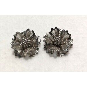 Mid Century Silver Tone Mesh Flower Clip On Earrings